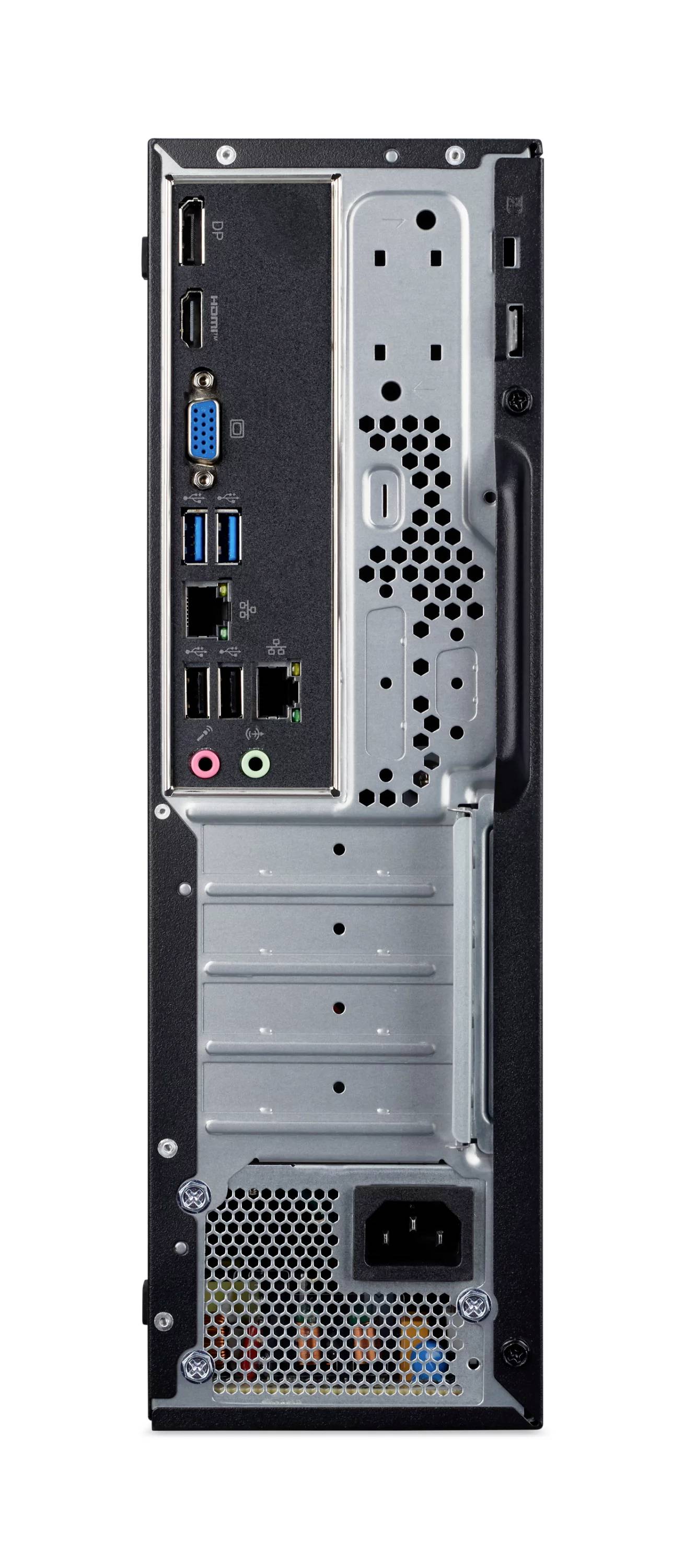 Bakpanel på ett skrivbordsdators chassi med portar och expansionsplatser, inklusive USB, Ethernet, audiokontakter, videoutgångar och strömkontakt.