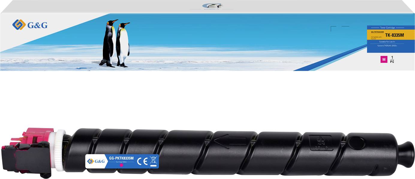 Tonerkassett och kartongförpackning för en G&G-skrivartillbehör, visad på en vit bakgrund.