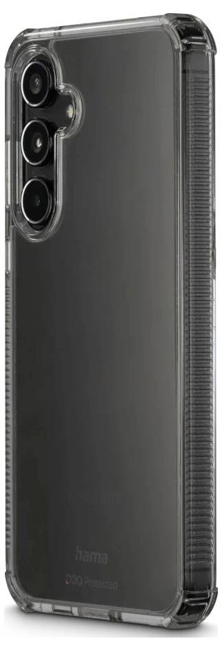 Transparent skyddsfodral för smartphone, visas bakifrån med trippla kamerautskärningar och texturerat sidofäste.
