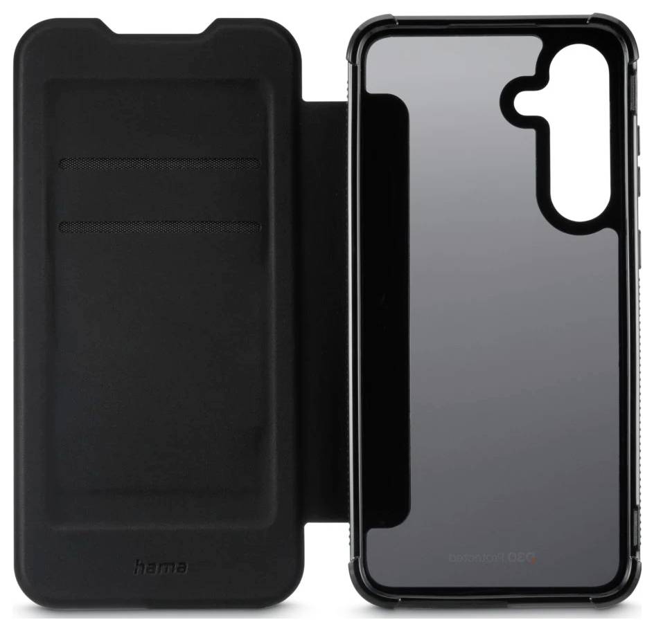 Svart smartphone flip-fodral visas öppet, med framsida på vänster sida och ett transparent skyddande bakskal på höger sida, inklusive en kameraöppning.