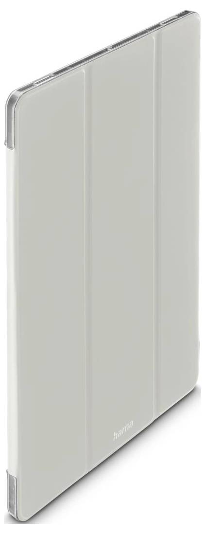 Ett ljusgrått tablett-foliofodral visas stängt i tre-fjärdedelsvyn, med ett glatt hårdplastskål och ett smalt skyddsöverdrag.