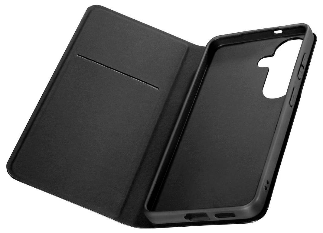 Svart folio-telefonfodral öppet, visar ett framsida med kortplats och ett formad bakskal med kameraöppning.