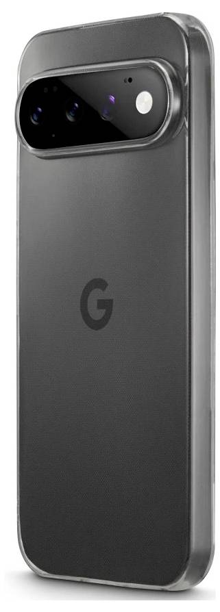Bakvy av en grå Google Pixel-smartphone med en stor horisontell kamerastapel och centrerad Google "G"-logotyp.
