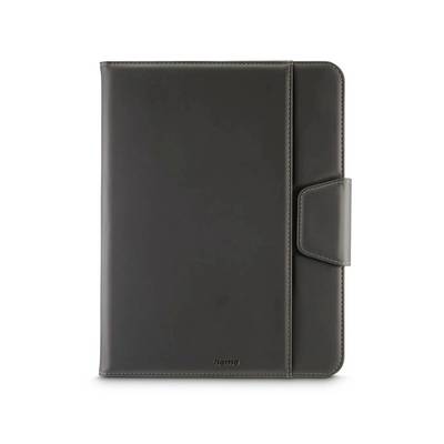 Svart läderorganizer eller tablett-folio med framsida, sömnade kanter och sidoremslås på vit bakgrund.
