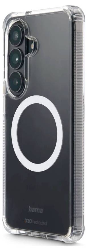 Genomskinlig skyddande smartphonefodral med en stor vit MagSafe-liknande ring och trippelkameraöppning på en mörk telefon, märkt 'hama'.
