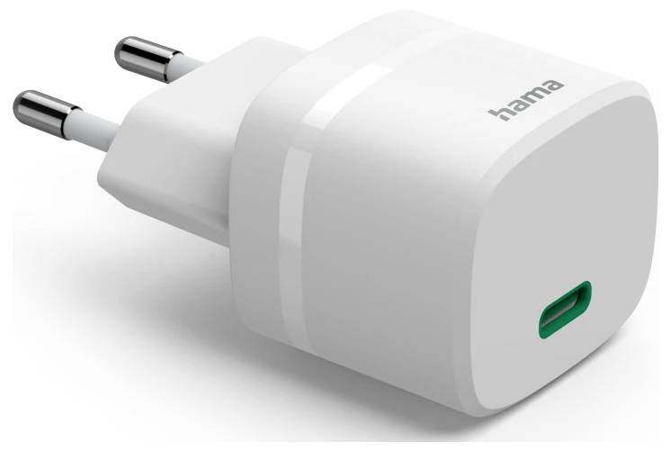 Vit Hama USB-C väggadapter med tvåstiftig EU-kontakt och grön USB-C-port, visad i produktstilsvy.