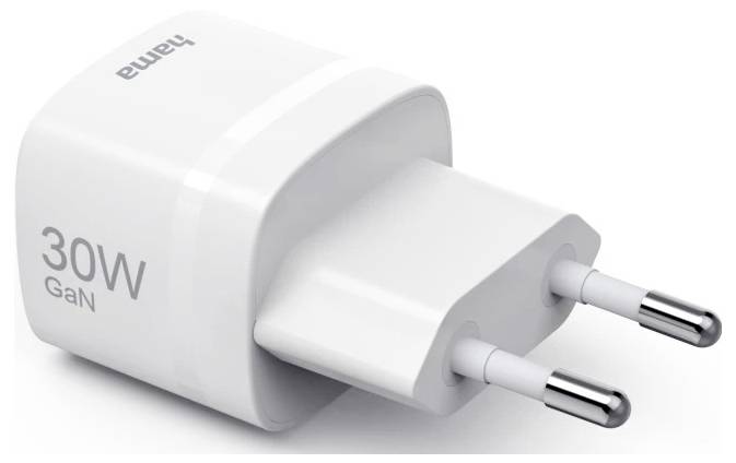 Vit 30W GaN-väggadapter med två runda europeiska stiftpinnar, visad i produktstilnära närbild på vit bakgrund.