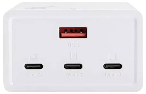 Vit väggkompakt laddare med en USB-A-port och tre USB-C-portar märkta Type-C1, Type-C2 och Type-C3.