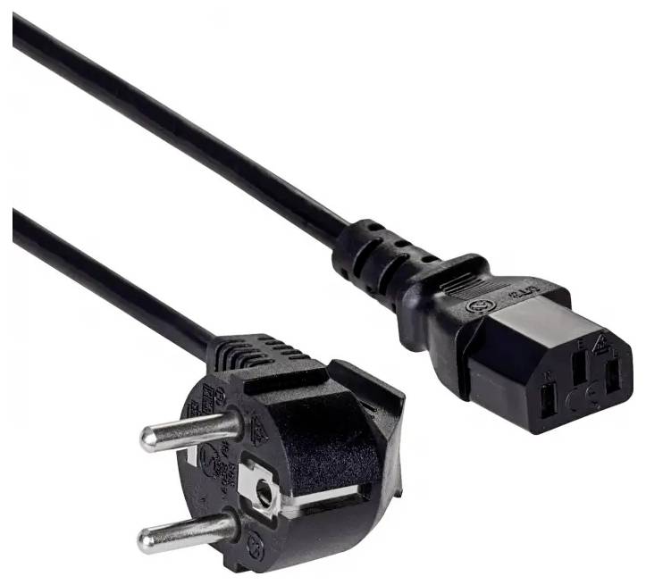Svart strömkabel med europeisk tvåpinig kontakt och IEC C13-apparat-anslutning på vit bakgrund.