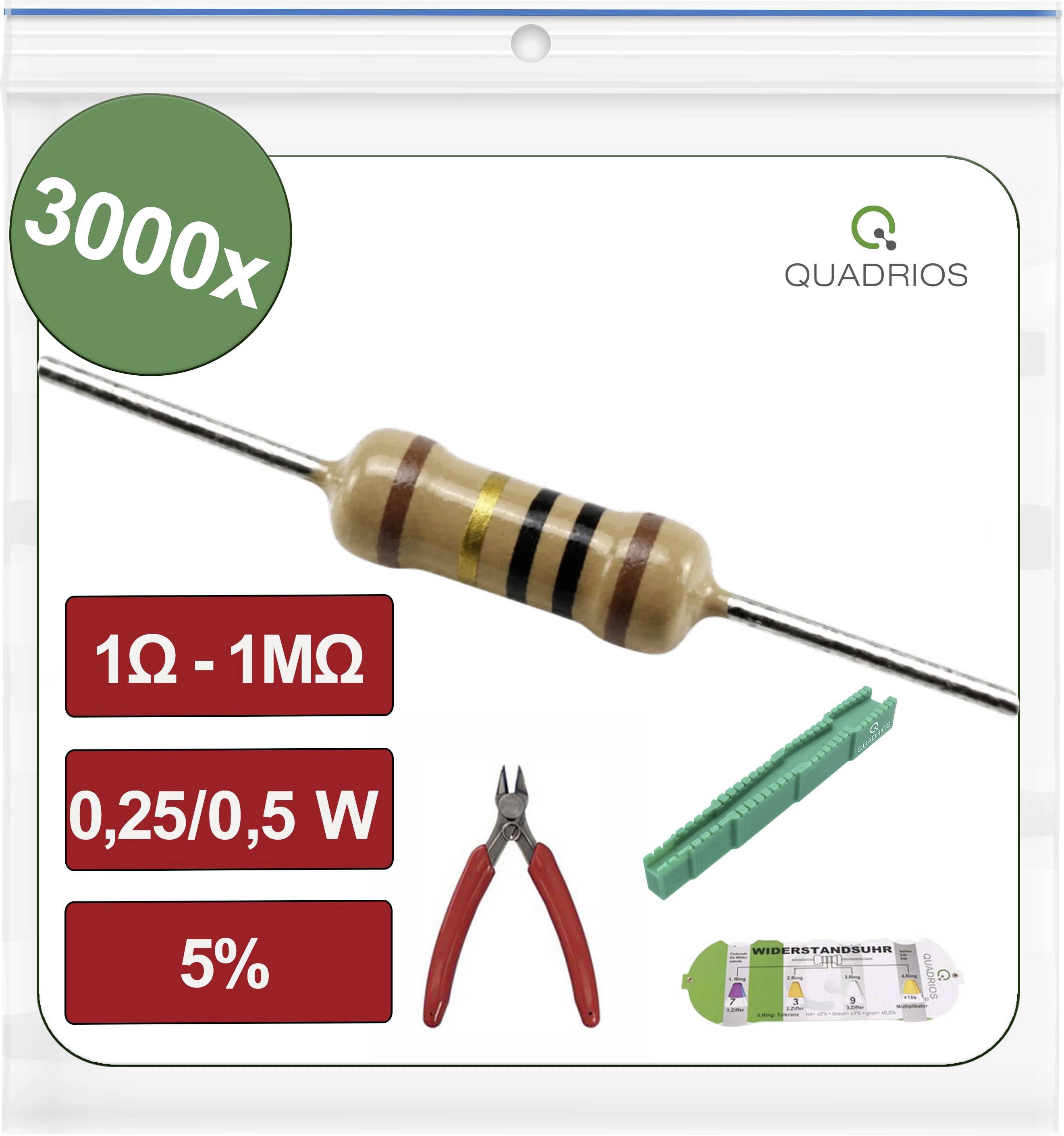 Produktbild av ett genomgångshålsmotstånd märkt "3000x", "1Ω - 1MΩ", "0,25/0,5 W" och "5%" med Quadrios-logotypen och små tillbehörsdelar.