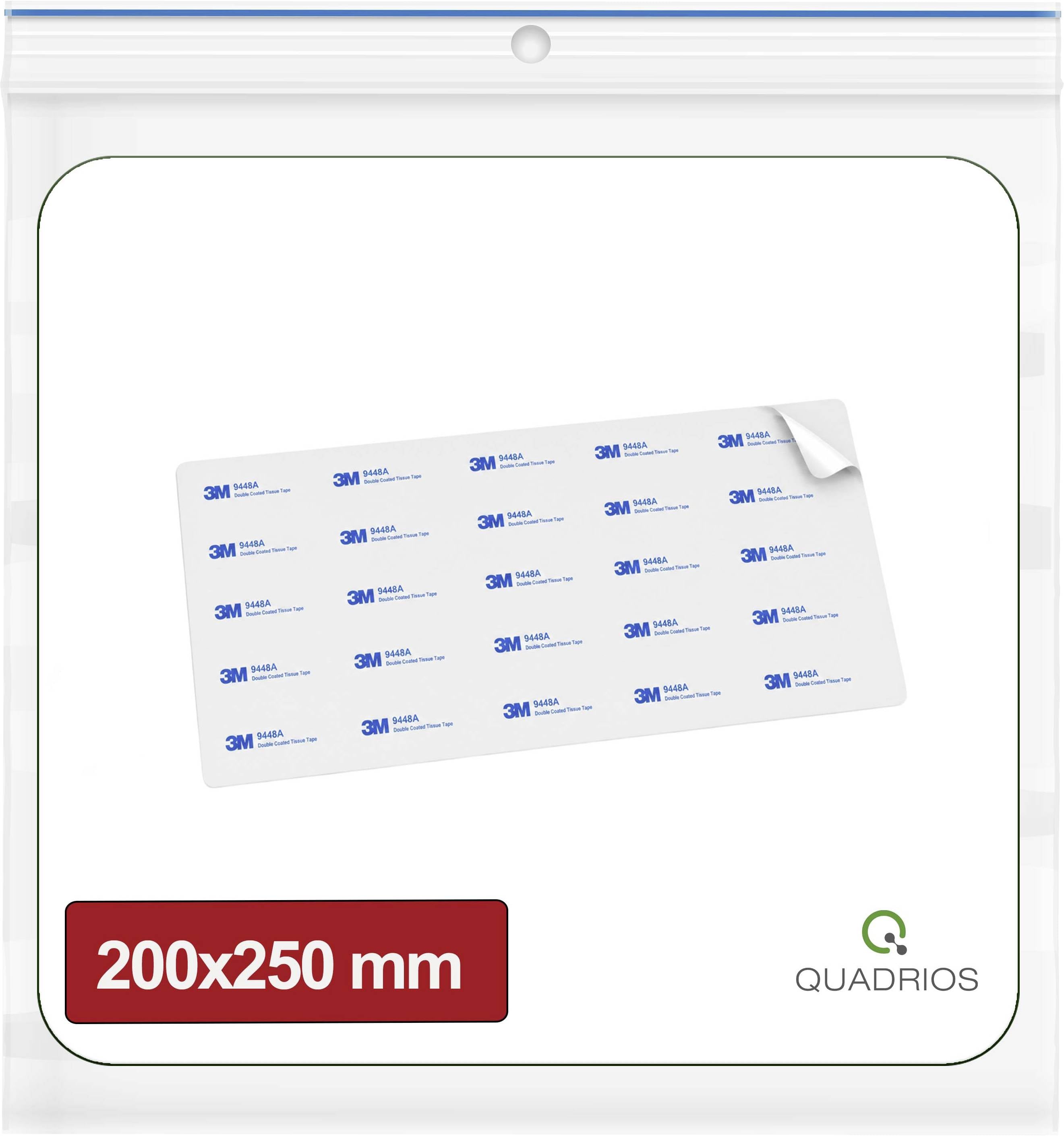 3M-klistermärksark med förverskurna vita rektangulära etiketter, storlek 200 x 250 mm, visad på en Quadrios-produktförpackning.
