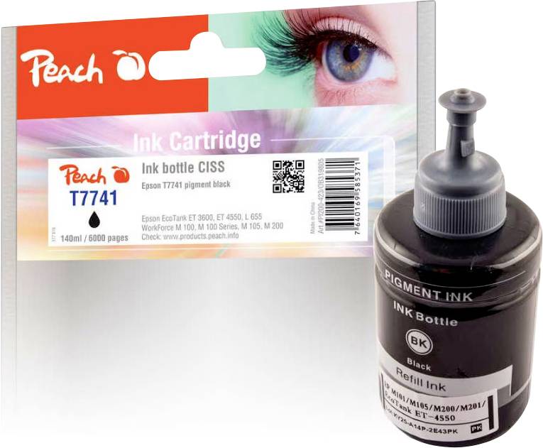 Förpackning och svart bläckflaska från Peach för Epson-skrivare, märkt "Ink Cartridge" och "Ink bottle CISS", modell T7741, svart.