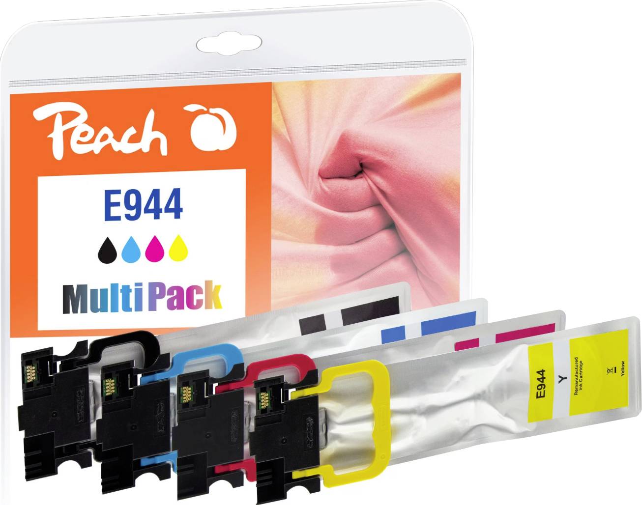 Förpackning med Peach E944 MultiPack-bläckpatroner, fem färgade bläckpatroner för cyan, magenta, gul och svart.