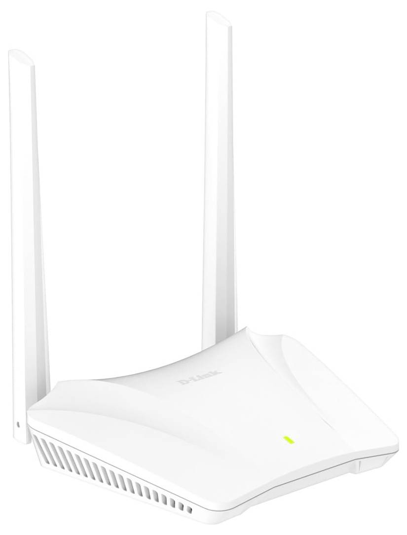 Vit trådlös router med två höga antenner och ett litet grönt statusljus på en enfärgad vit bakgrund.