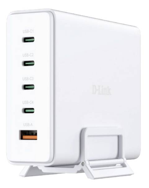 Vit D-Link-laddhub med fyra USB-C-portar och en USB-A-port på framsidan, visad på ett ställ.