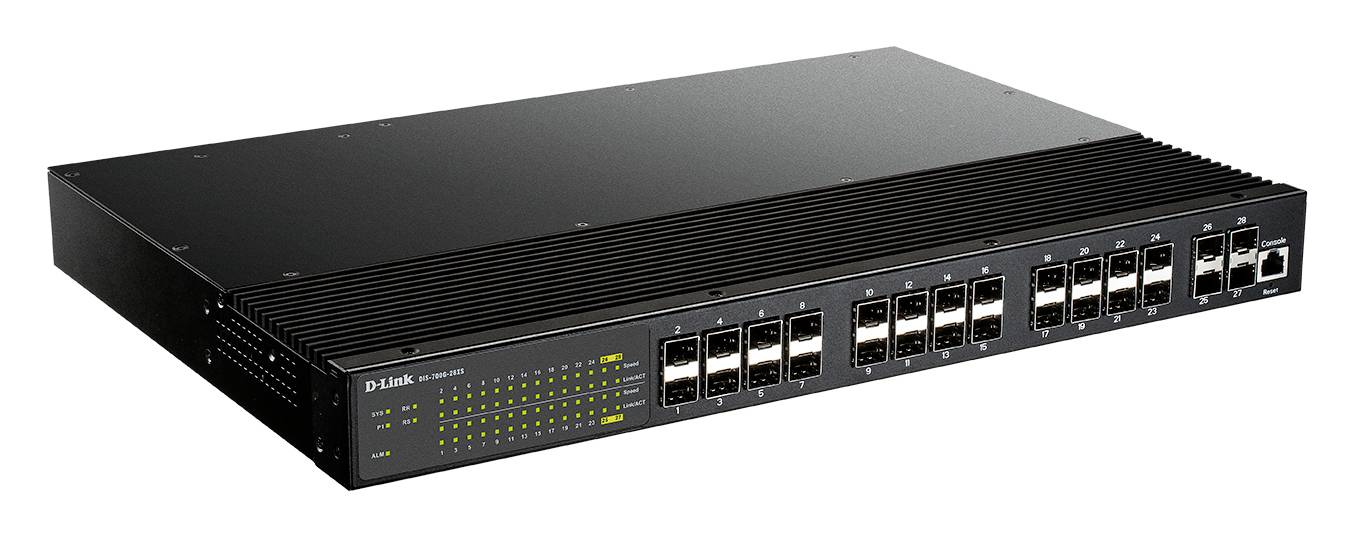 Svart D-Link rackmonterad nätverksomkopplare med flera Ethernet-portar och statuslampor på frontpanelen.