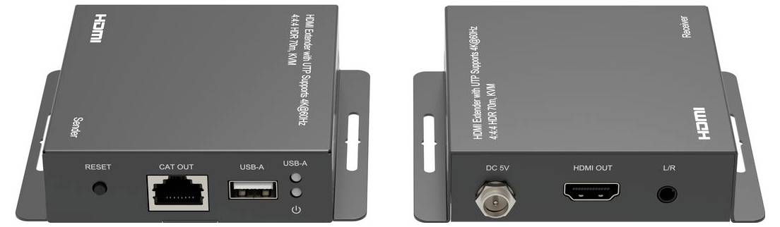 Tvåvy bild av en HI-LIGHT tvåkanals HDMI-växlarlåda, som visar fram- och bakpanelportar inklusive återställning, CAT OUT, USB-A, DC 5V, HDMI OUT och L/R-ljud.