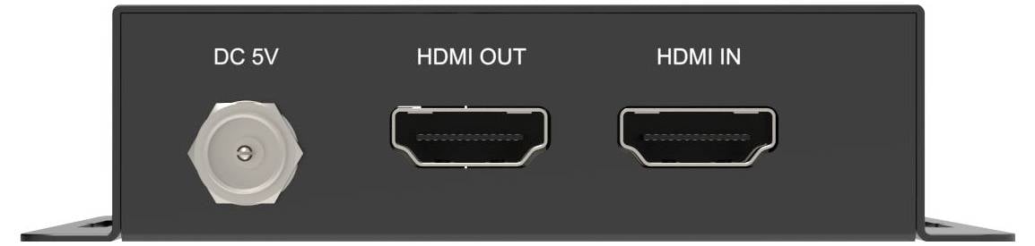 Baksida av en enhet som visar en DC 5V-strömingång, HDMI OUT-port och HDMI IN-port.