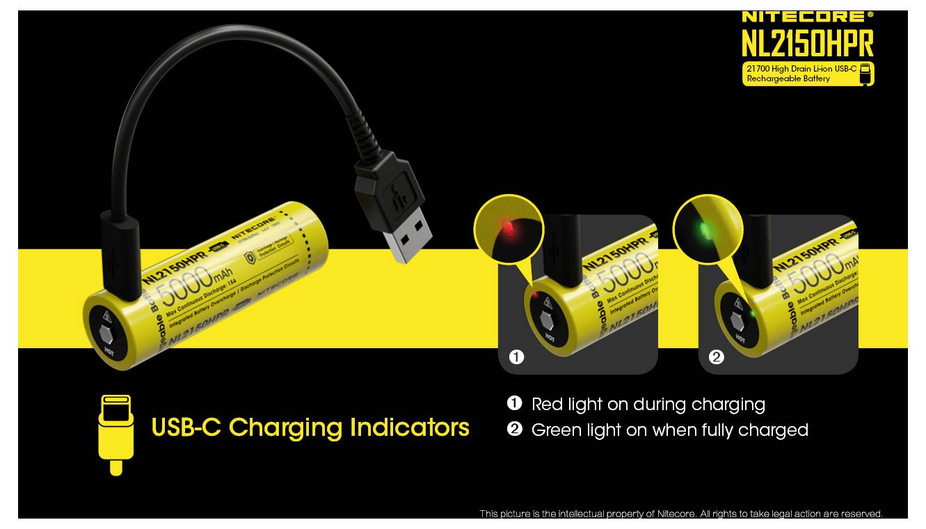 Nitecore NL2150HPR uppladdningsbar batteri med USB-C-kabel, visar rött laddningsljus och grönt fulladdat indikatorn på en svart och gul produktgrafik.