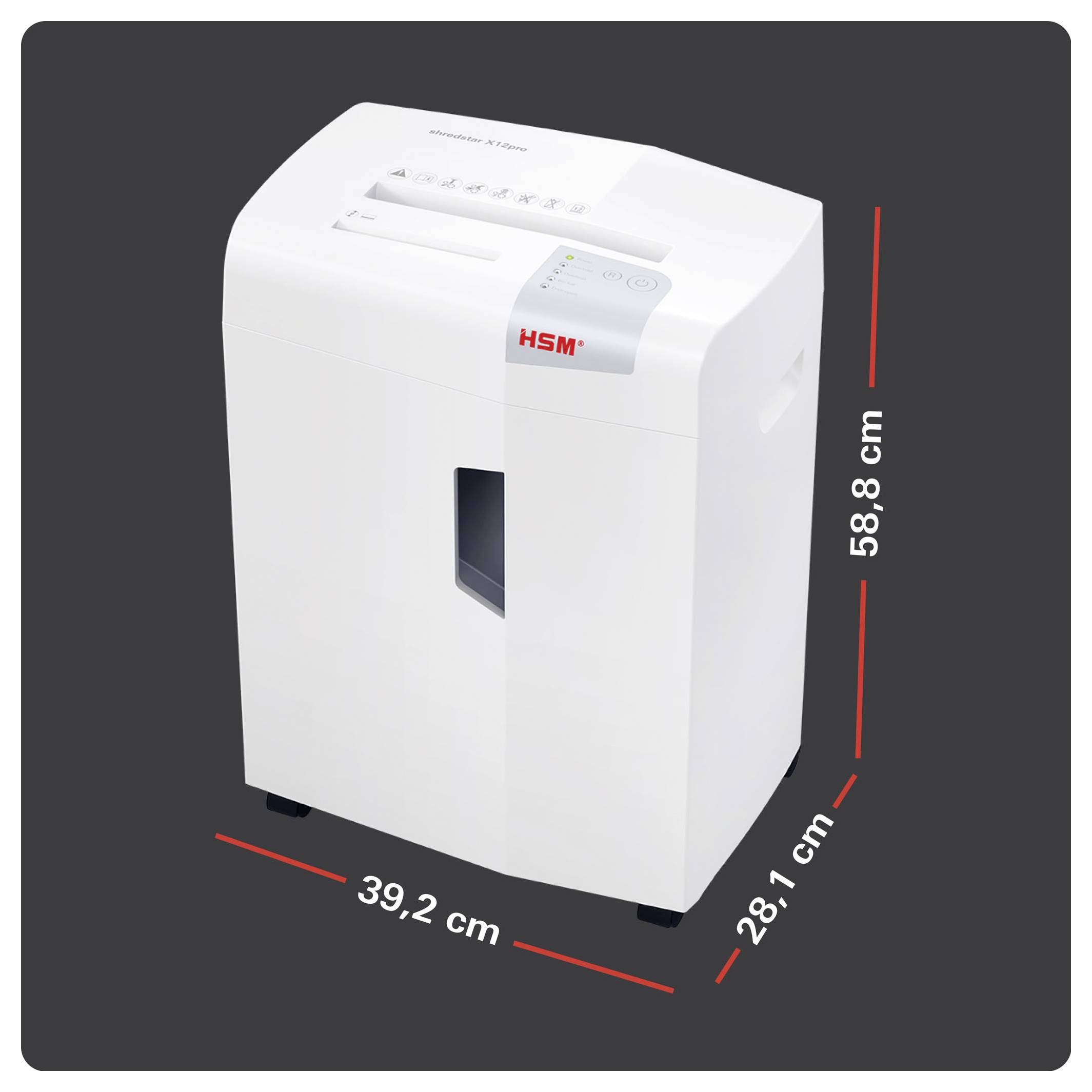 Vit HSM-pappersskärare visad i 3D med märkta dimensioner 58,8 cm högt, 39,2 cm brett och 28,1 cm djupt.