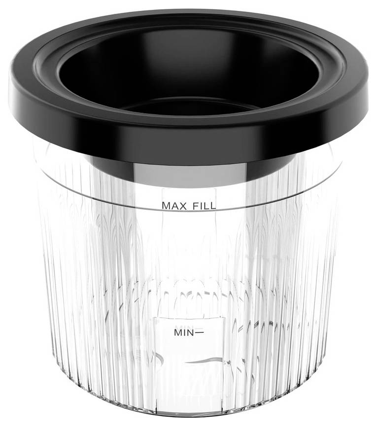 Transparent plastbehållare med svart lock, som visar MAX FILL och MIN nivåmarkeringar.
