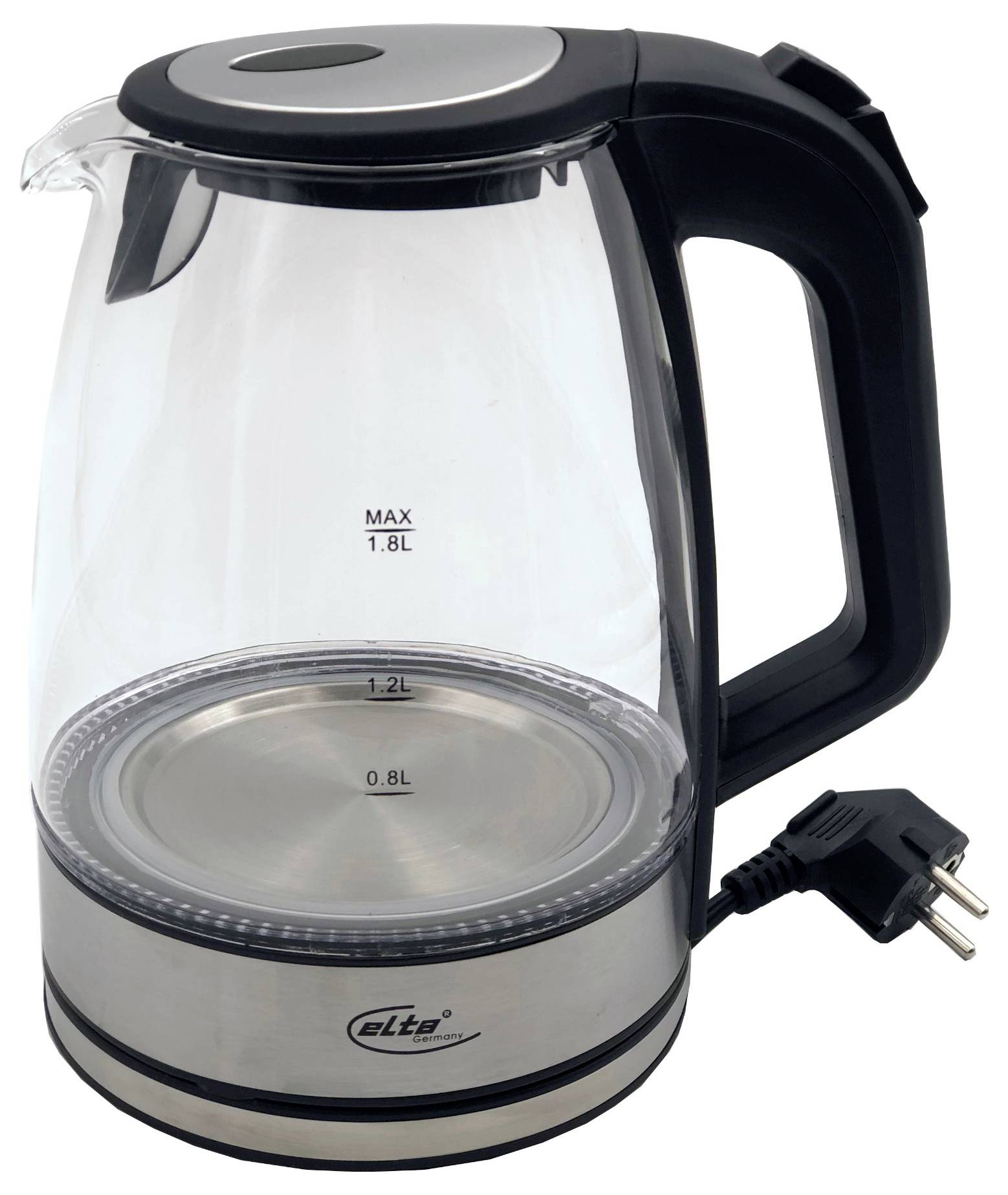 Elektrisk glaskittel med svart handtag och lock, märkt max 1,8L, visad med strömkabel och kontakt.
