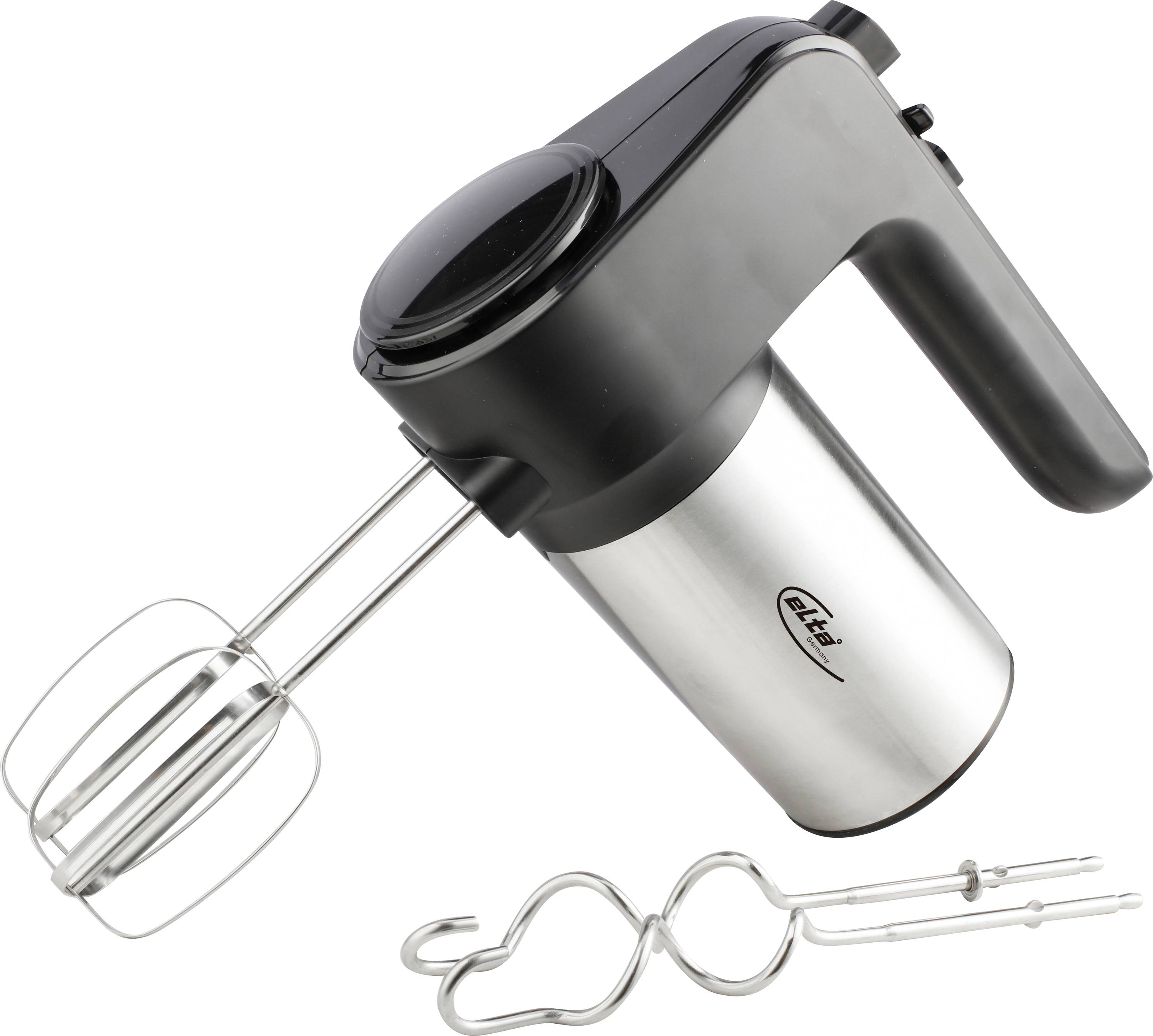 Elektrisk handmixer med vispartikel och metalldegjärnor på vit bakgrund.