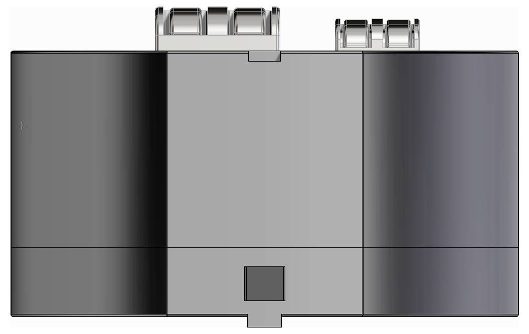 Ovanifrånvy av ett rektangulärt batteripaket med tre anslutna sektioner och metallkontakter längs den övre kanten.