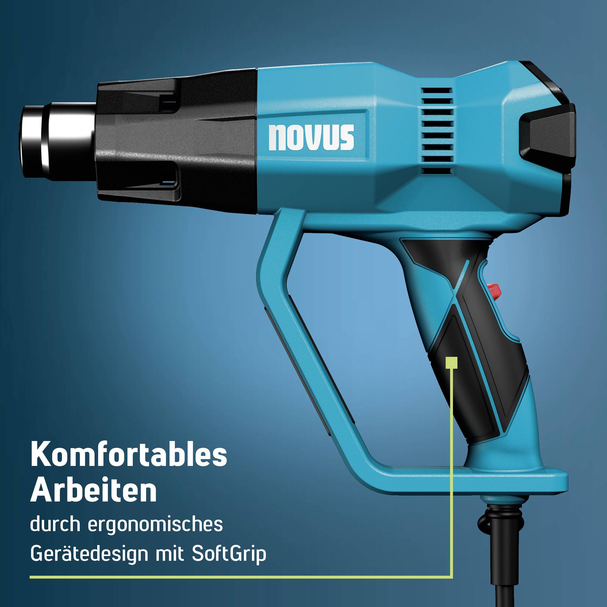 Blå och svart industriell värmepistol märkt "novus" med tysk text: "Komfortabelt arbete genom ergonomisk enhetsdesign med SoftGrip".