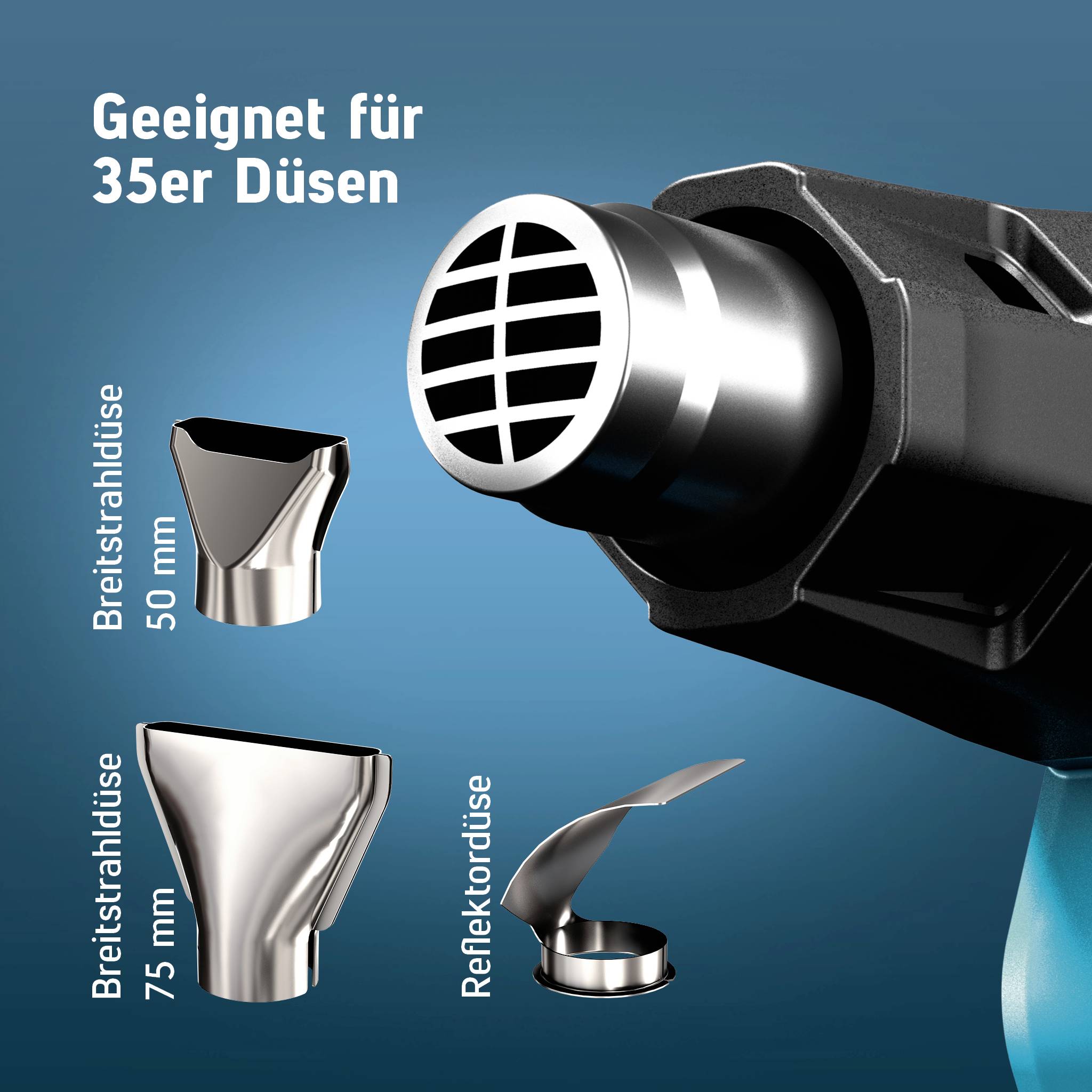 Bild av ett sprayspredar märkt "Lämplig för 35er-spredar", som visar kompatibla flakfläktspredar 50 mm och 75 mm samt en bakre spridare.