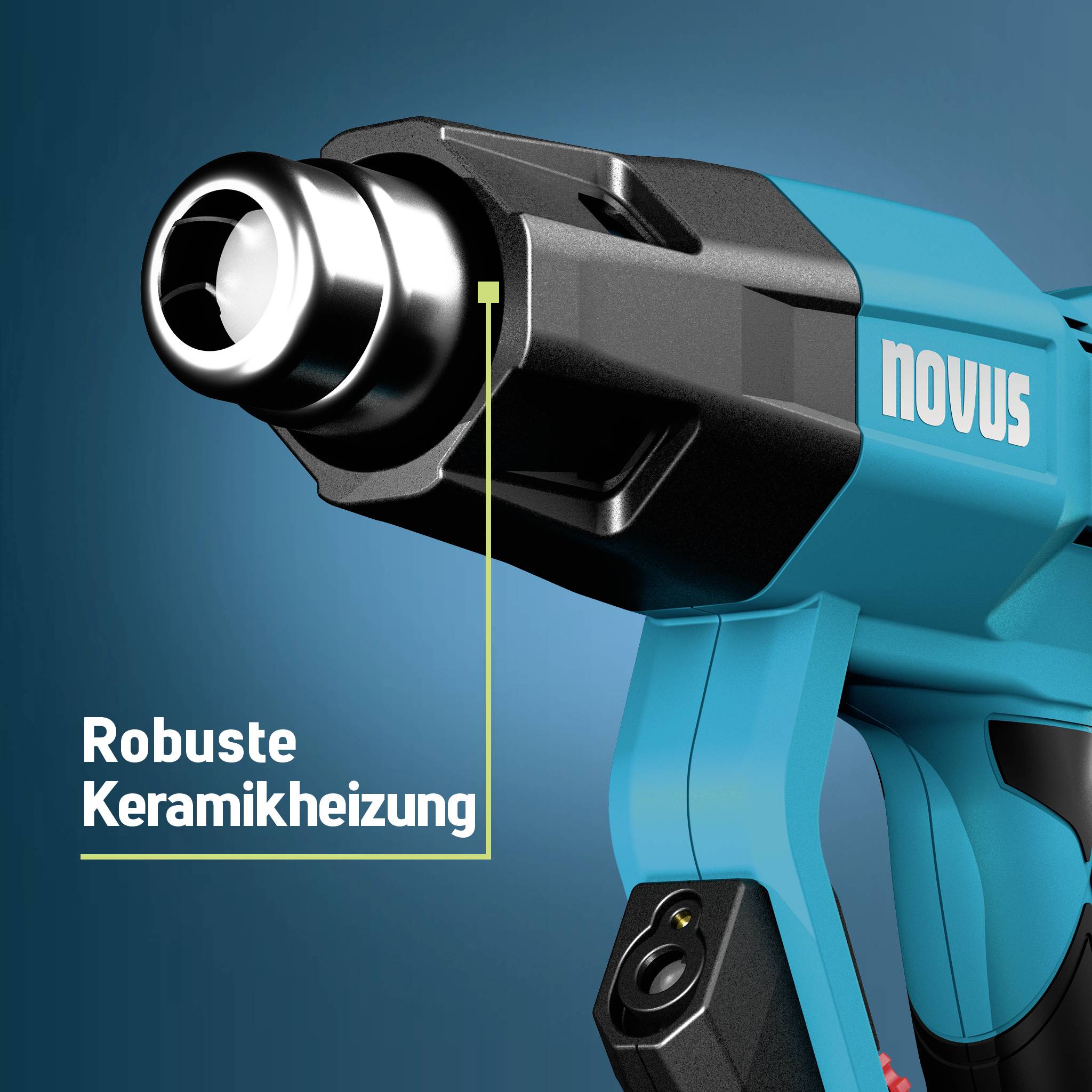 Närbild av en blå och svart Novus värmepistol med den tyska texten "Robuste Keramikheizung" som framhäver dess robusta keramiska värmeelement.