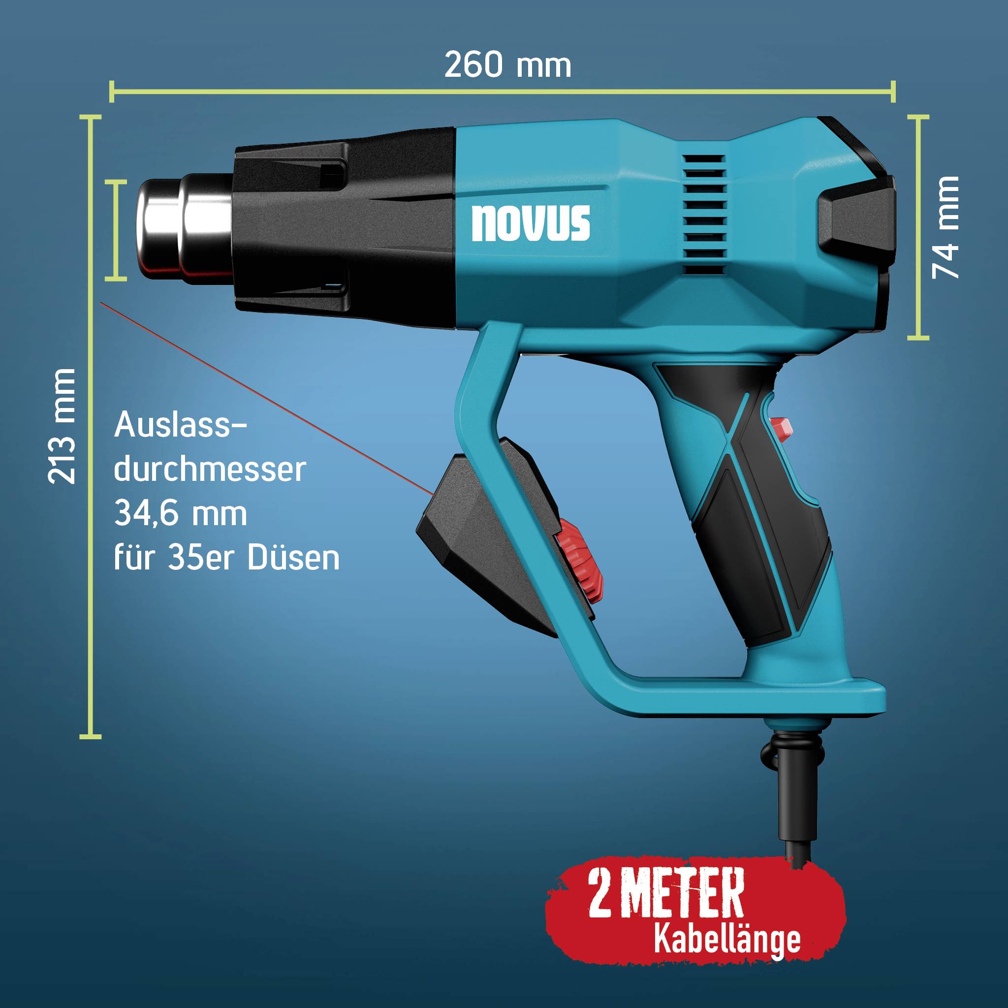 Produktdiagram för en Novus värmepistol med dimensioner: 260 mm lång, 213 mm hög, 74 mm bred, 34,6 mm munstycksdiameter och 2 meter kabel längd.