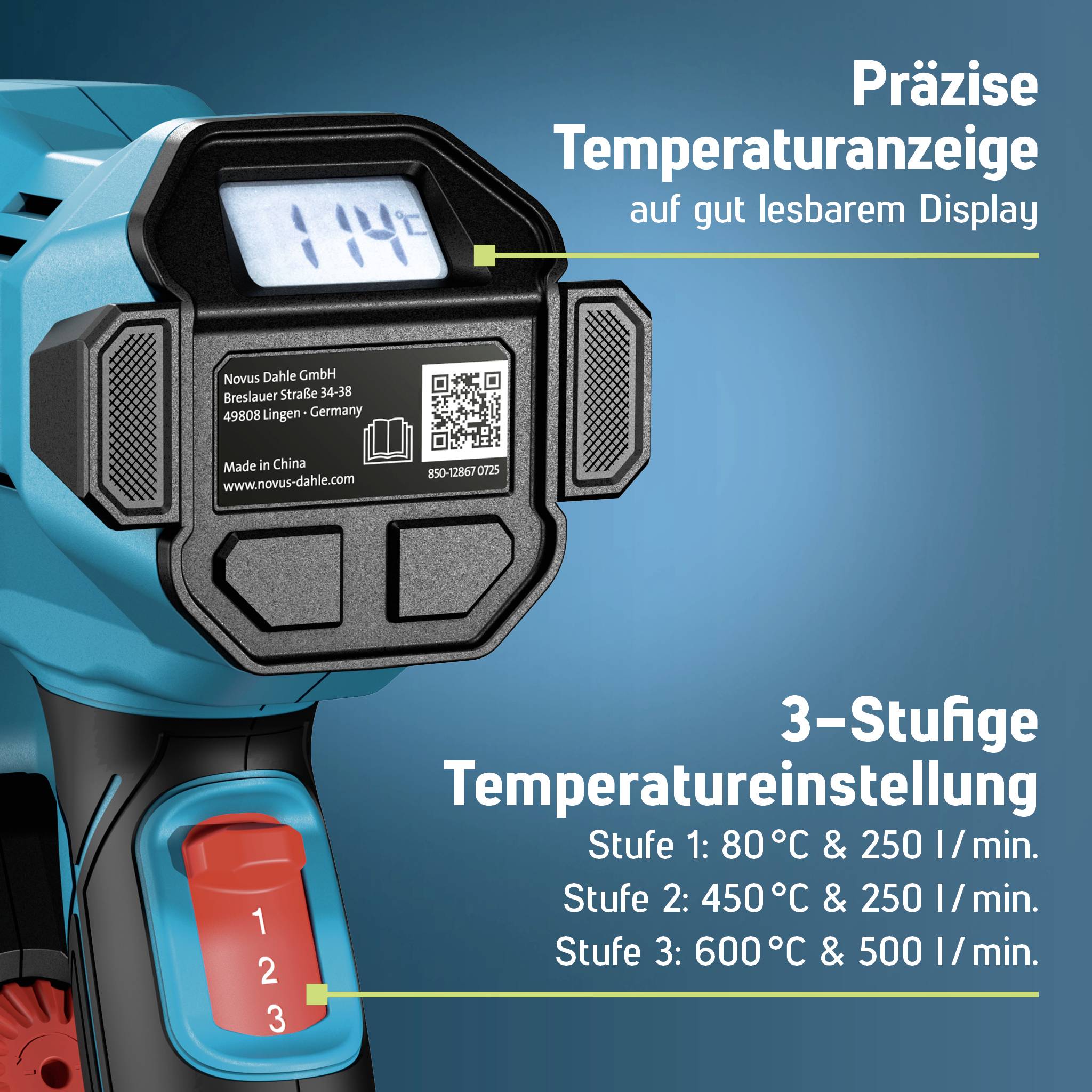 Industriell enhetsdisplay som visar '114°' och en 3-nivå temperaturinställning: 80°C/250 l/min, 450°C/250 l/min, 600°C/500 l/min.