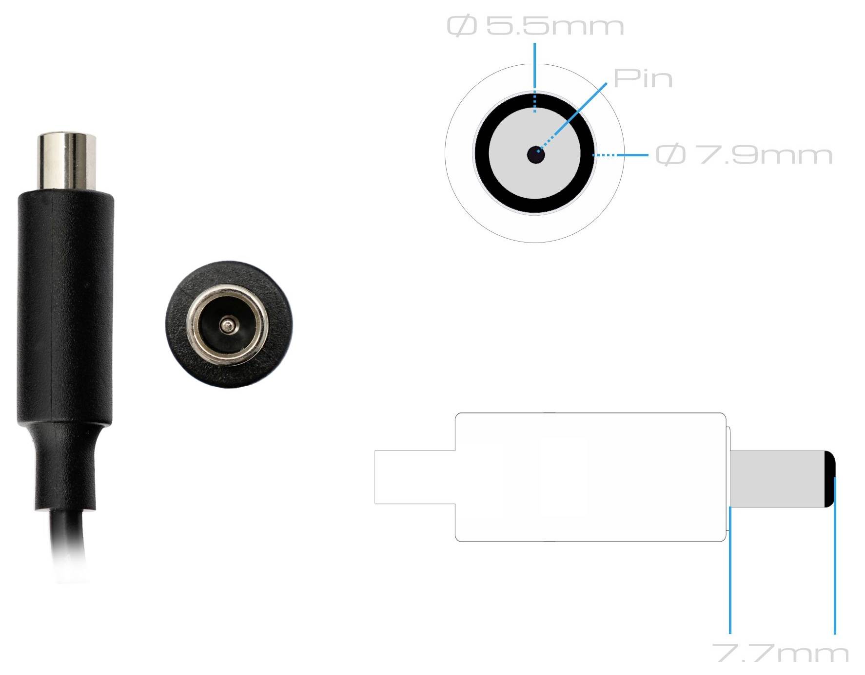 Diagram av en DC-fatkonnektor som visar dimensioner: 5,5 mm yttre diameter, 7,9 mm inre diameter och 7,7 mm längd, med mittknapp.