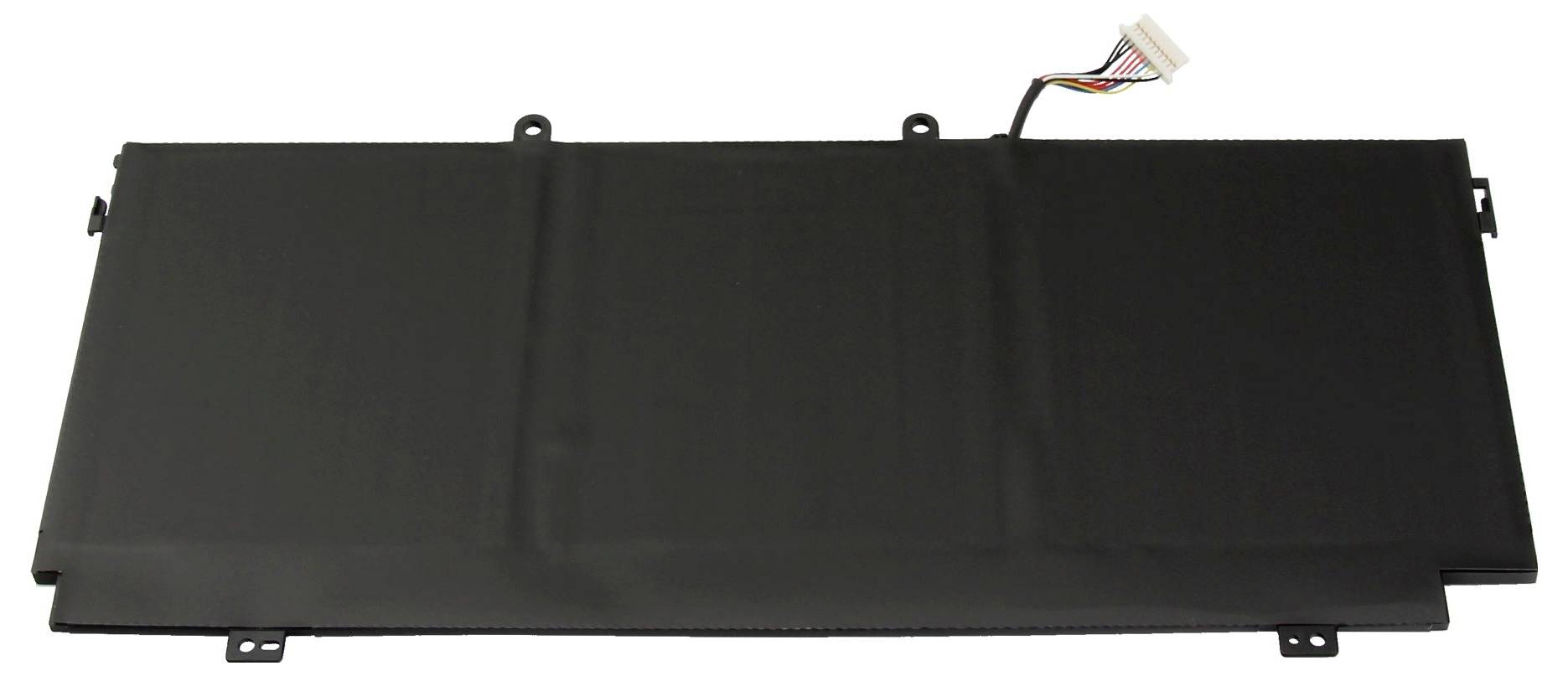 Svart rektangulär batteripak med fästa ledningar och monteringsflikar på vit bakgrund.