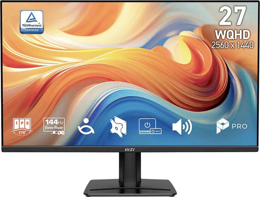 MSI 27-tums WQHD-skärm som visar färgglada abstrakta vågor, märkt 2560 x 1440, 144Hz, IPS, TÜV Rheinland-certifierad och PRO.