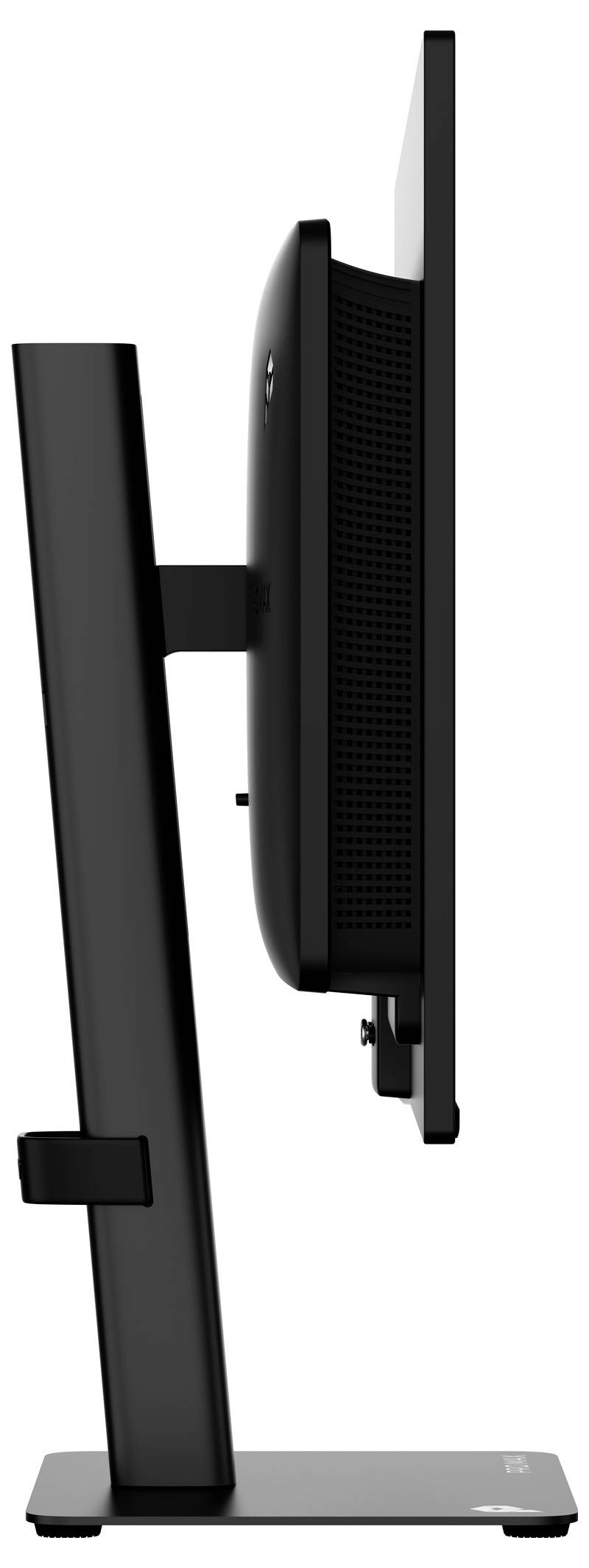 Sidovy av en svart datorskärm på ett justerbart stativ med en rektangulär bas.