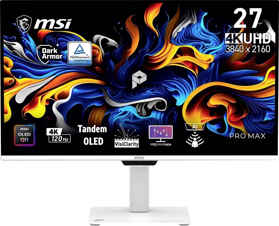 MSI-monitorproduktbild med färgglad abstrakt skärm, som visar 27-tums 4K UHD 3840 x 2160, Tandem OLED, 4K 120 Hz, och PRO MPX-märke.