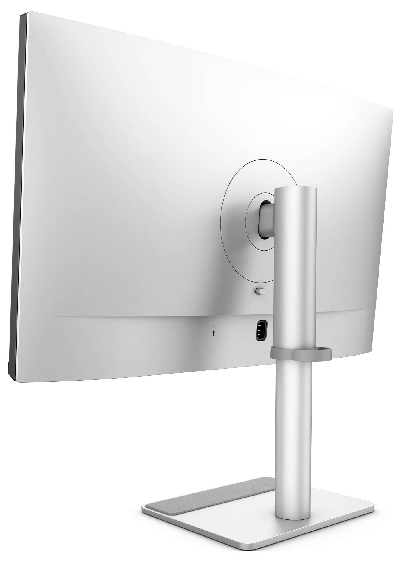 Baksida av en silvergrå skrivbordsskärm på ett stativ, som visar det justerbar monteringen och basen.