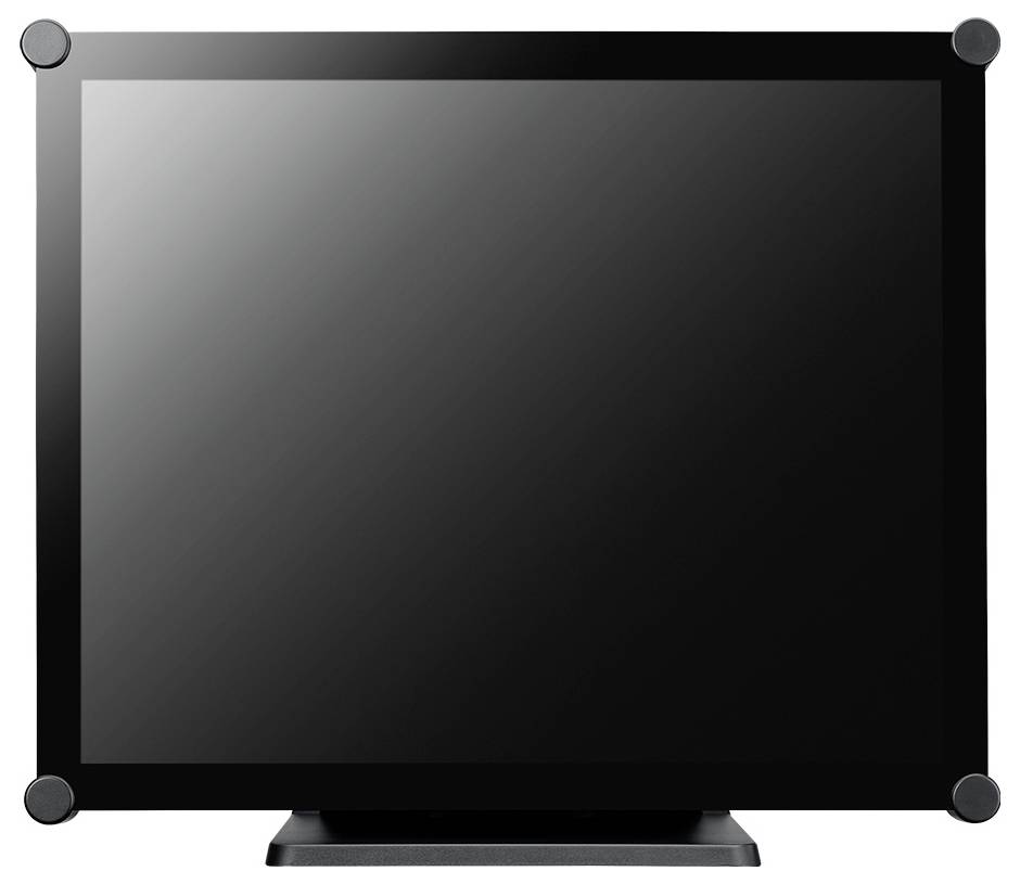 En blank svart flatskärm-TV eller monitor med fyra hörnfästen, visad framifrån på ett stativ.