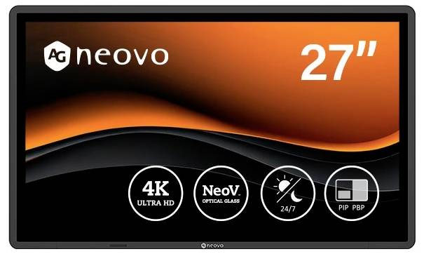 En 27-tums AG Neovo 4K Ultra HD-skärm med Neovo optiskt glas och 24/7-driftikoner, visad i en produktannons.