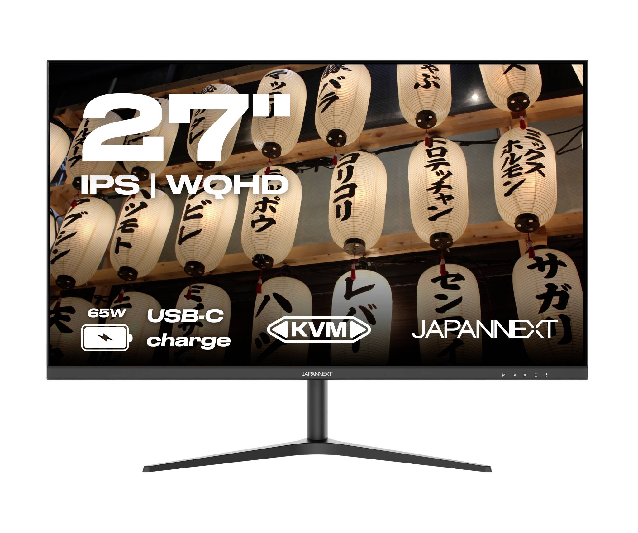 27-tums JAPANNEXT IPS WOHD-monitor visad framifrån med 65W USB-C-laddning och KVM-stöd, visar lyktor på skärmen.