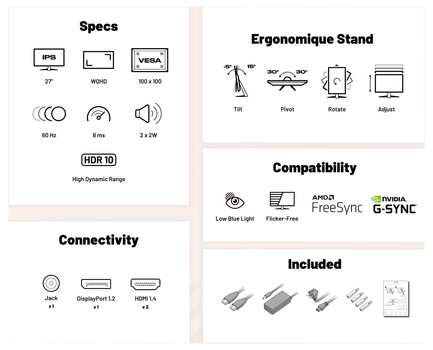 Övervakningsmonitor-infografik som visar specifikationer, ergonomiska stativfunktioner, kompatibilitet, anslutningar och medföljande tillbehör.