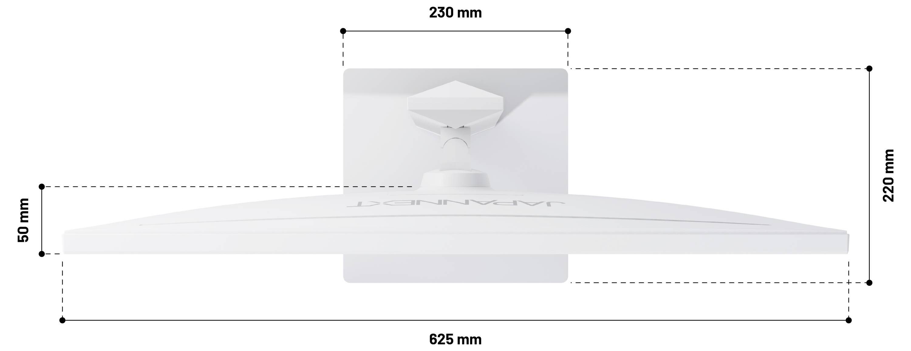Teknisk ritning av ett takarmatur med följande dimensioner: 625 mm bred, 220 mm högt, 230 mm toppbredd och 50 mm sidhöjd.