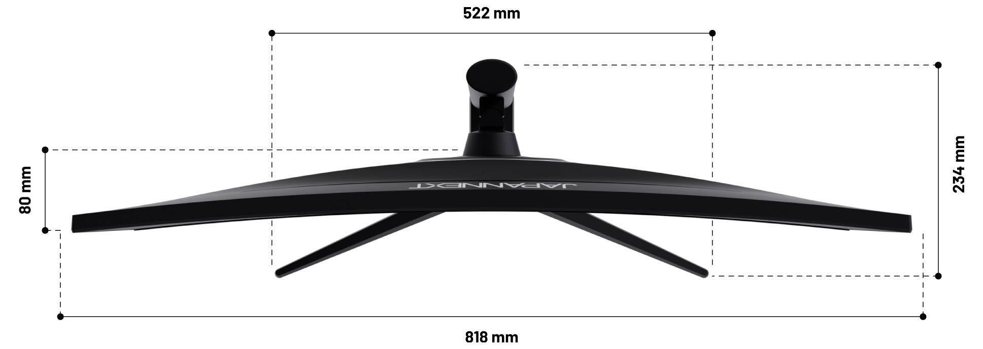 Frontvy av ett svart platt-skärms-TV-stativ, med övergripande mått märkta: 818 mm bredd, 234 mm höjd, 522 mm djup och 80 mm fothöjd.