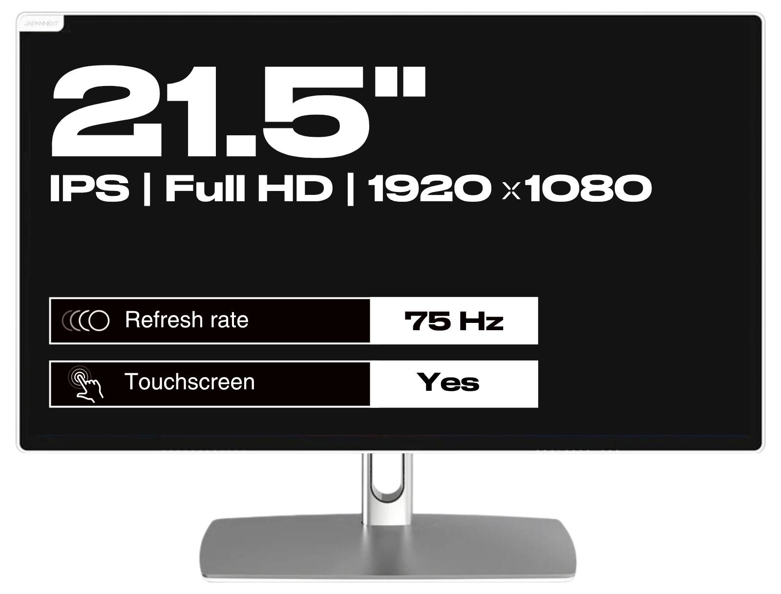 Produktvisning visar en 21,5-tums IPS Full HD-skärm med 1920×1080-upplösning, 75 Hz uppdateringsfrekvens och pekskärmsstöd.