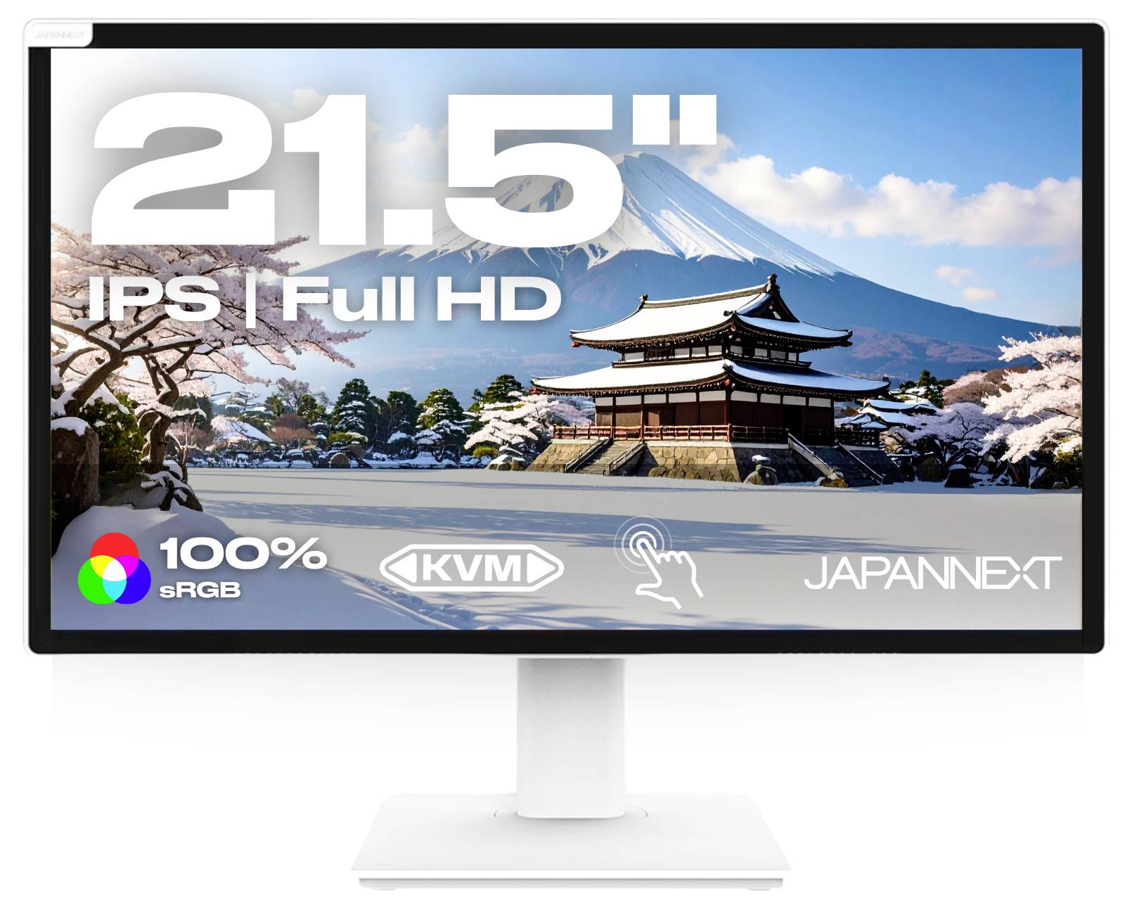 Vit JAPANNEXT-skärm som visar ett vackert japanskt landskap, med text på skärmen "21,5"", "IPS | Full HD", "100% sRGB" och "KVM".