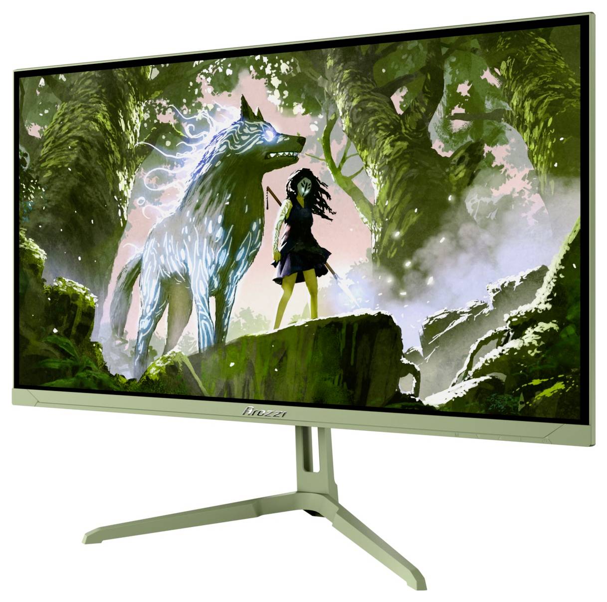 En spelskärm på ett stativ som visar en fantasyscen av en flicka bredvid en lysande varg i en skog.