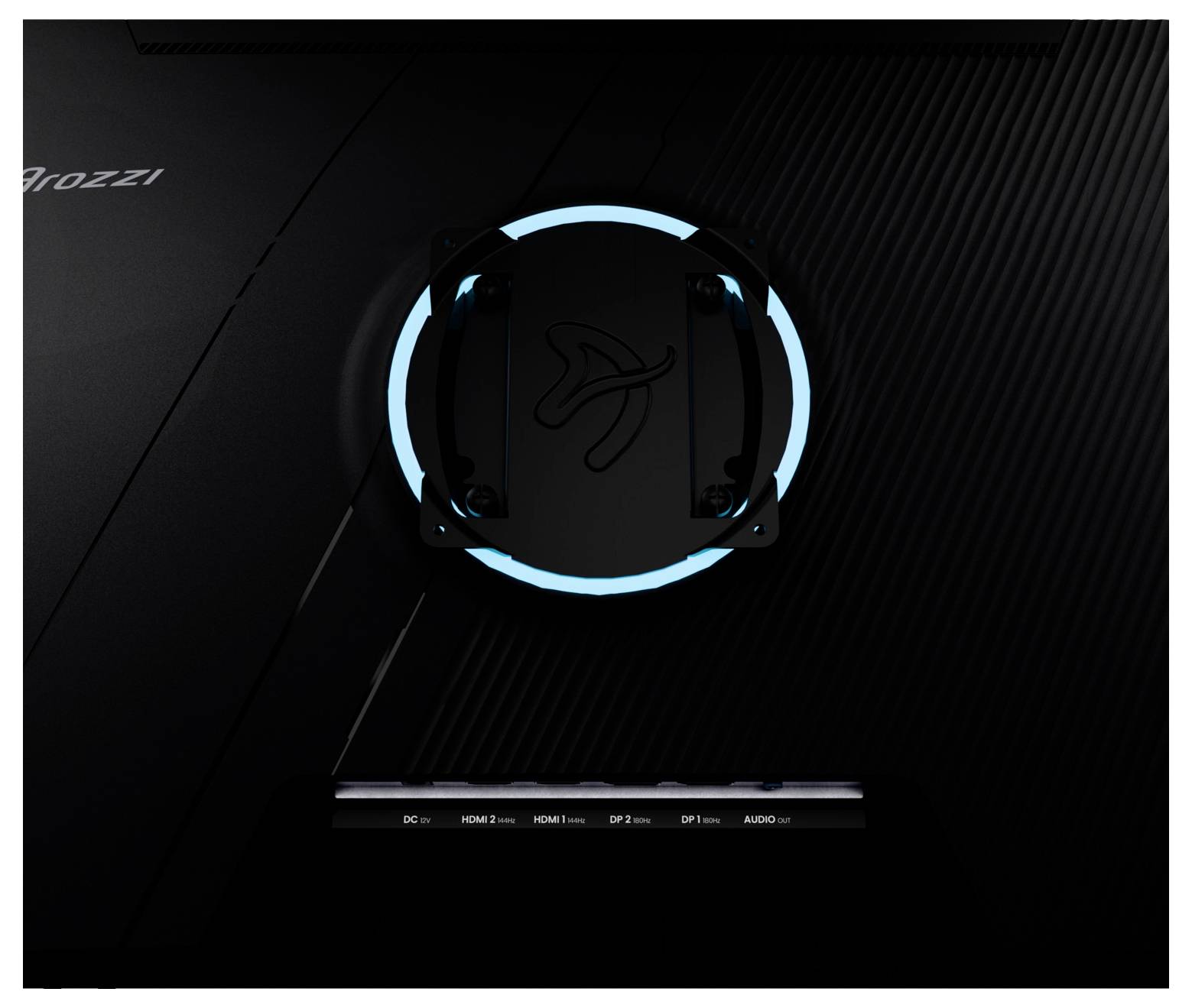 Svart Gigabyte AORUS-grafikkort med en cirkulär blå LED-belyst fläktskyddad och logotyp på en mörk, diagonalt randig yta.