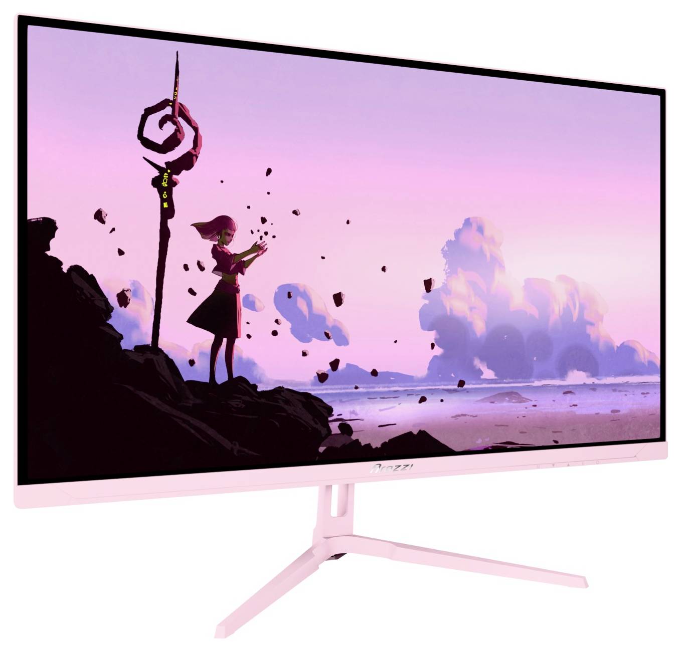 Rosa spel-monitor visar en fantastisk solnedgångscen med en silhuetterad tjej på stenar bredvid en spiralformad stav och flytande skräp